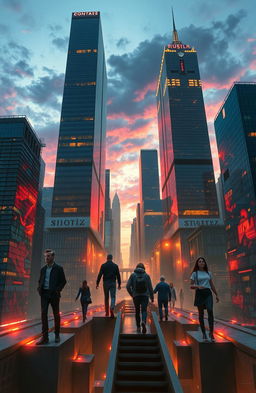 A modern reinterpretation of Dante's Purgatorio, set in an urban landscape filled with towering skyscrapers and neon lights