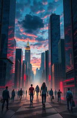 A modern reinterpretation of Dante's Purgatorio, set in an urban landscape filled with towering skyscrapers and neon lights