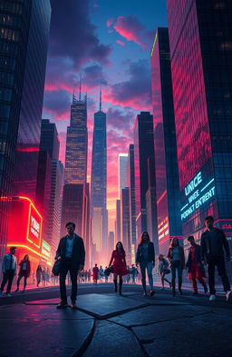A modern reinterpretation of Dante's Purgatorio, set in an urban landscape filled with towering skyscrapers and neon lights