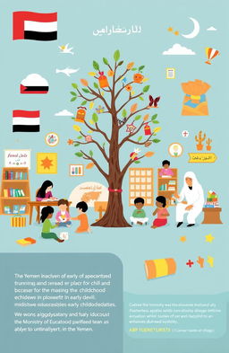 A visually engaging representation of the early childhood education framework in Yemen, showcasing elements such as vibrant classrooms, enthusiastic teachers interacting with small children, cultural aspects unique to Yemen, educational materials like books and colorful toys, a tree adorned with artwork symbolizing growth and learning, and symbols of community involvement
