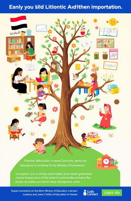 A visually engaging representation of the early childhood education framework in Yemen, showcasing elements such as vibrant classrooms, enthusiastic teachers interacting with small children, cultural aspects unique to Yemen, educational materials like books and colorful toys, a tree adorned with artwork symbolizing growth and learning, and symbols of community involvement