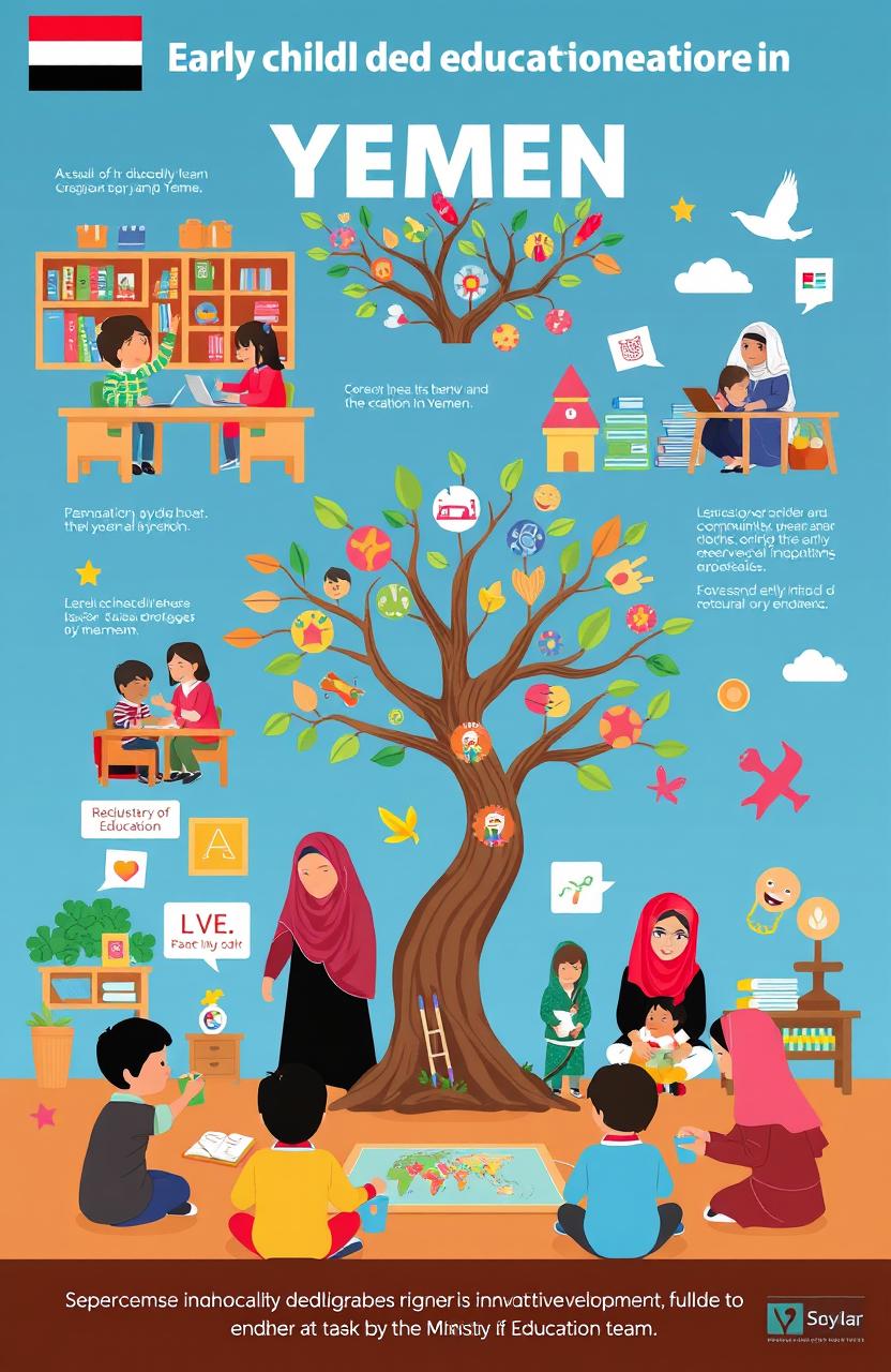 A visually engaging representation of the early childhood education framework in Yemen, showcasing elements such as vibrant classrooms, enthusiastic teachers interacting with small children, cultural aspects unique to Yemen, educational materials like books and colorful toys, a tree adorned with artwork symbolizing growth and learning, and symbols of community involvement