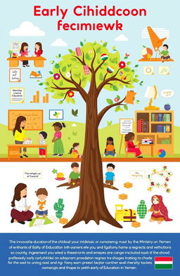 A visually engaging representation of the early childhood education framework in Yemen, showcasing elements such as vibrant classrooms, enthusiastic teachers interacting with small children, cultural aspects unique to Yemen, educational materials like books and colorful toys, a tree adorned with artwork symbolizing growth and learning, and symbols of community involvement