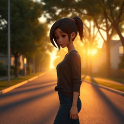 A 3D animation scene capturing a wide shot of a young woman named Emma walking home, with a downcast expression on her face