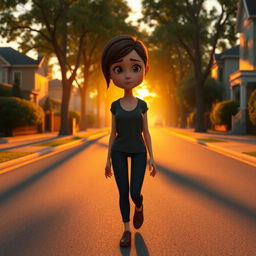 A 3D animation scene capturing a wide shot of a young woman named Emma walking home, with a downcast expression on her face