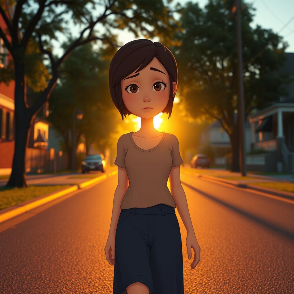 A 3D animation scene capturing a wide shot of a young woman named Emma walking home, with a downcast expression on her face