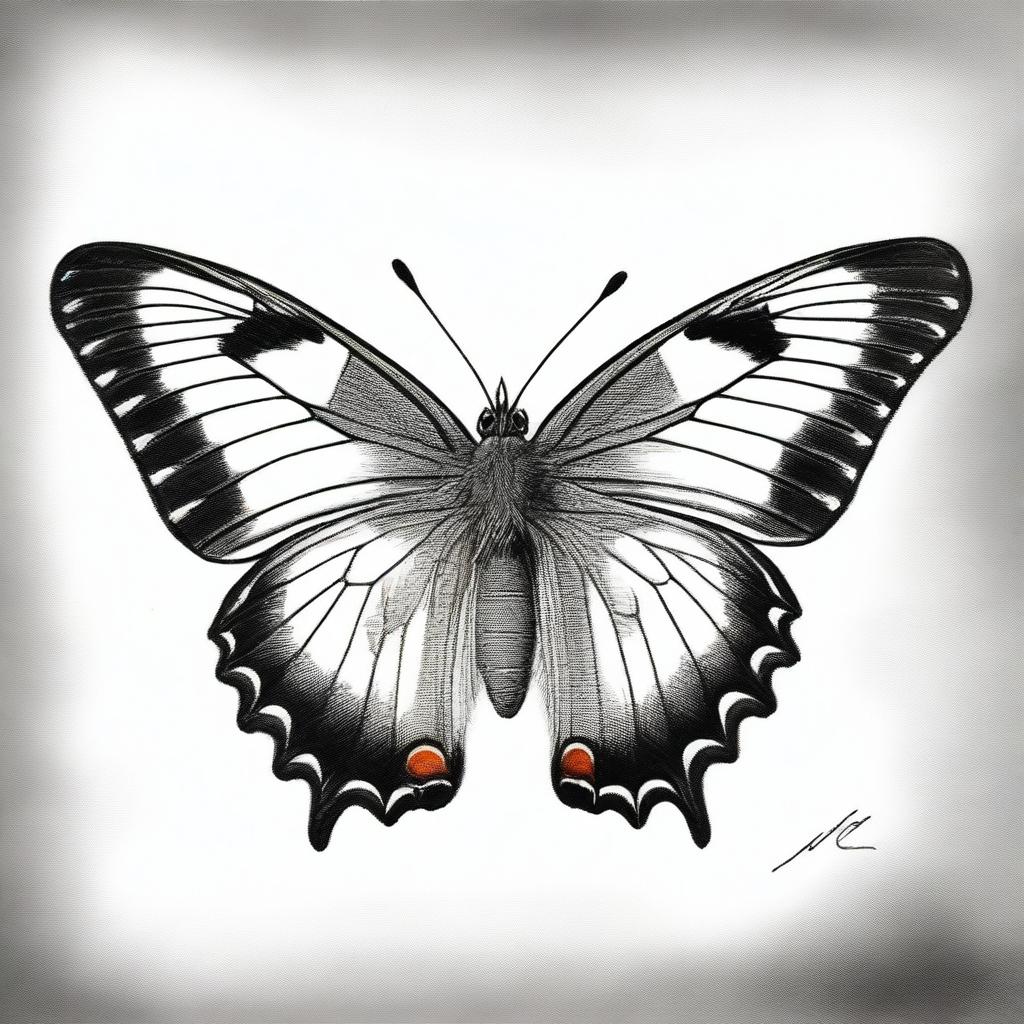 A highest quality graphite pencil sketch in black and white, depicting a butterfly