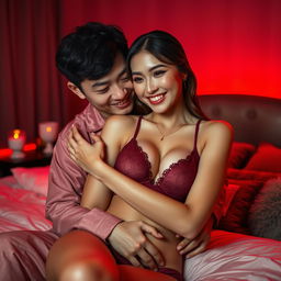 A cozy and intimate scene featuring a charming Chinese man in comfortable pajamas, tenderly hugging a sexy, beautiful woman in a romantic red-lit bedroom