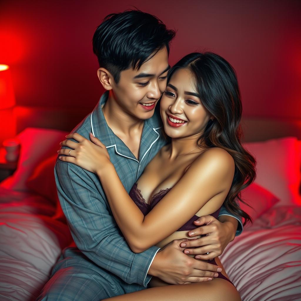 A cozy and intimate scene featuring a charming Chinese man in comfortable pajamas, tenderly hugging a sexy, beautiful woman in a romantic red-lit bedroom