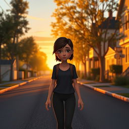 A 3D animation scene illustrating a wide shot of a young woman named Emma, who is walking home with a downcast expression