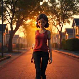 A 3D animation scene illustrating a wide shot of a young woman named Emma, who is walking home with a downcast expression