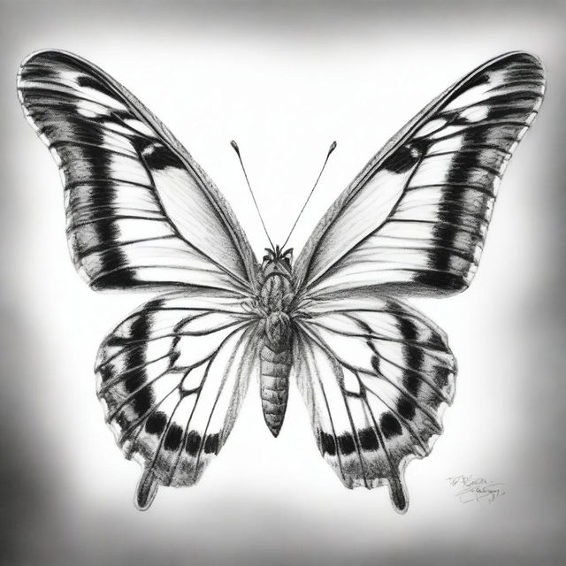 A highest quality graphite pencil sketch in black and white, depicting a butterfly