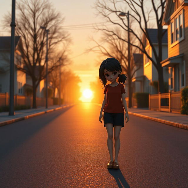 A 3D animation scene illustrating a wide shot of a young woman named Emma, who is walking home with a downcast expression