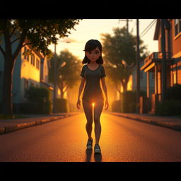 A 3D animation scene illustrating a wide shot of a young woman named Emma, who is walking home with a downcast expression