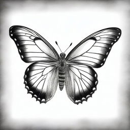 A highest quality graphite pencil sketch in black and white, depicting a butterfly