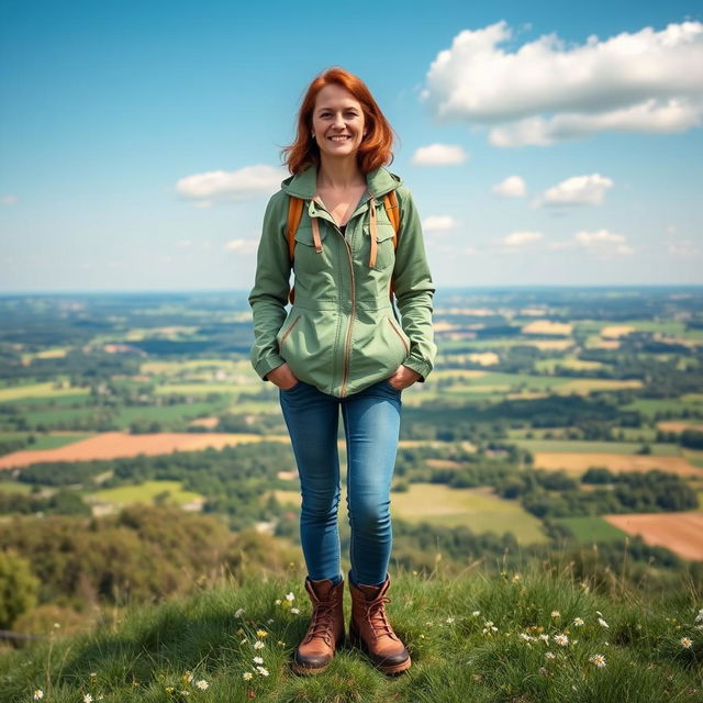 A wise and adventurous Belgian woman, standing confidently atop a lush green hill with a stunning panoramic view of the Belgian countryside behind her