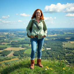 A wise and adventurous Belgian woman, standing confidently atop a lush green hill with a stunning panoramic view of the Belgian countryside behind her