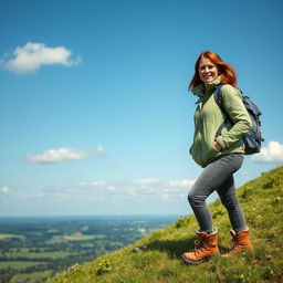 A wise and adventurous Belgian woman, standing confidently atop a lush green hill with a stunning panoramic view of the Belgian countryside behind her
