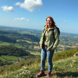 A wise and adventurous Belgian woman, standing confidently atop a lush green hill with a stunning panoramic view of the Belgian countryside behind her