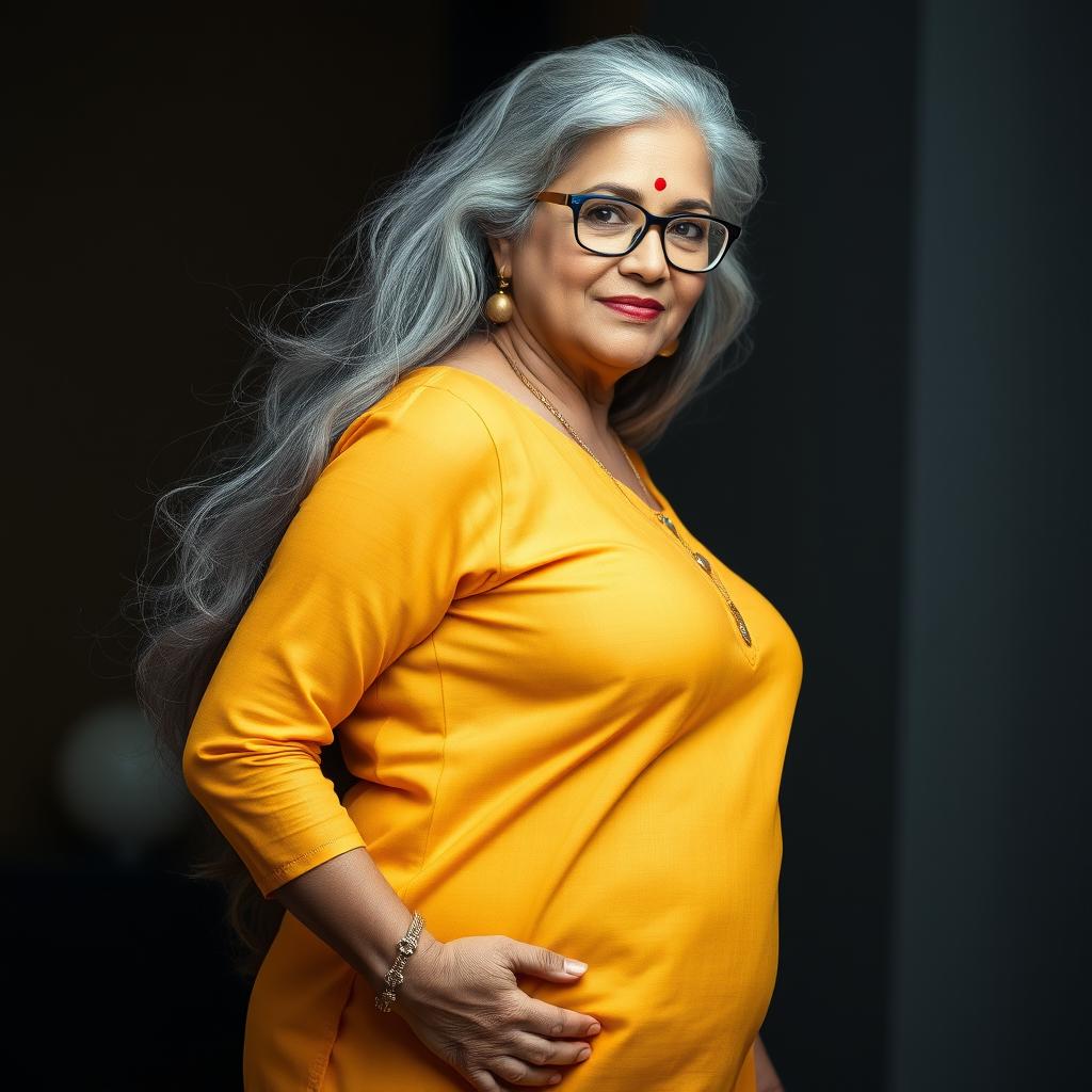 A voluptuous, mature Indian woman in her 60s, exuding confidence and sensuality