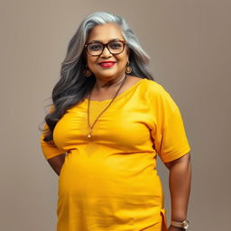 A voluptuous, mature Indian woman in her 60s, exuding confidence and sensuality