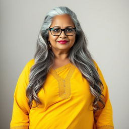 A voluptuous, mature Indian woman in her 60s, exuding confidence and sensuality