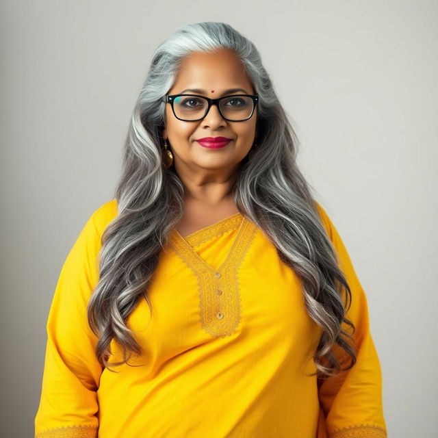 A voluptuous, mature Indian woman in her 60s, exuding confidence and sensuality