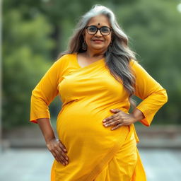 A voluptuous, mature Indian woman in her 60s, exuding confidence and sensuality