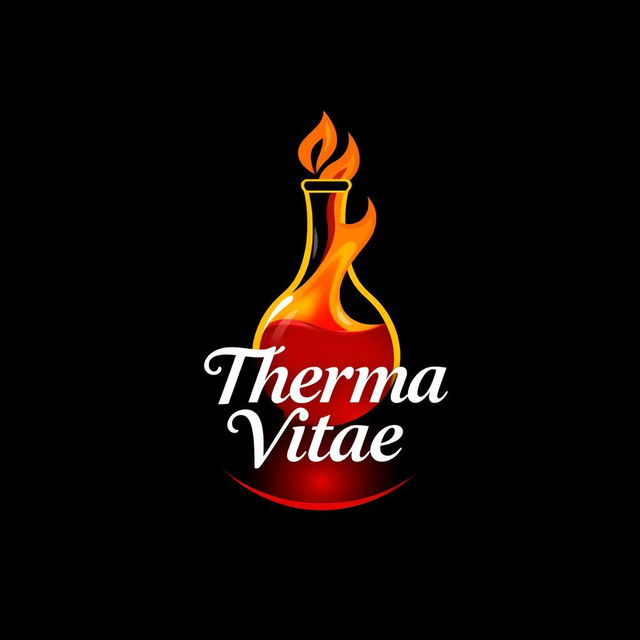 A logo design for a company named 'Therma Vitae', featuring a round bottle with flames engulfing it