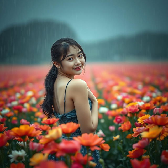 A beautiful young Korean woman posing elegantly in the middle of a vast, stunning flower field, as heavy rain soaks her body