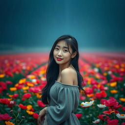A beautiful young Korean woman posing elegantly in the middle of a vast, stunning flower field, as heavy rain soaks her body