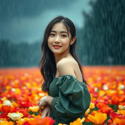 A beautiful young Korean woman posing elegantly in the middle of a vast, stunning flower field, as heavy rain soaks her body