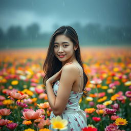 A beautiful young Korean woman posing elegantly in the middle of a vast, stunning flower field, as heavy rain soaks her body