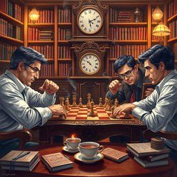 A vibrant and lively depiction of a classic game scene featuring two players fully immersed in an intense match of chess