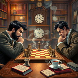 A vibrant and lively depiction of a classic game scene featuring two players fully immersed in an intense match of chess