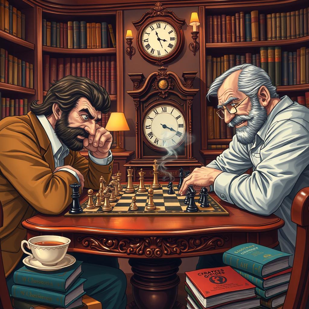 A vibrant and lively depiction of a classic game scene featuring two players fully immersed in an intense match of chess