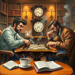 A vibrant and lively depiction of a classic game scene featuring two players fully immersed in an intense match of chess