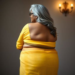 A voluptuous, dark-skinned Indian woman in her 60s, showcasing her full backside with confidence and sensuality
