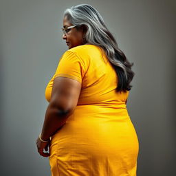 A voluptuous, dark-skinned Indian woman in her 60s, showcasing her full backside with confidence and sensuality