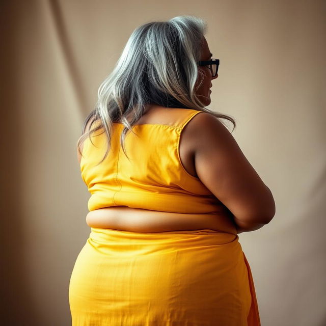 A voluptuous, dark-skinned Indian woman in her 60s, showcasing her full backside with confidence and sensuality