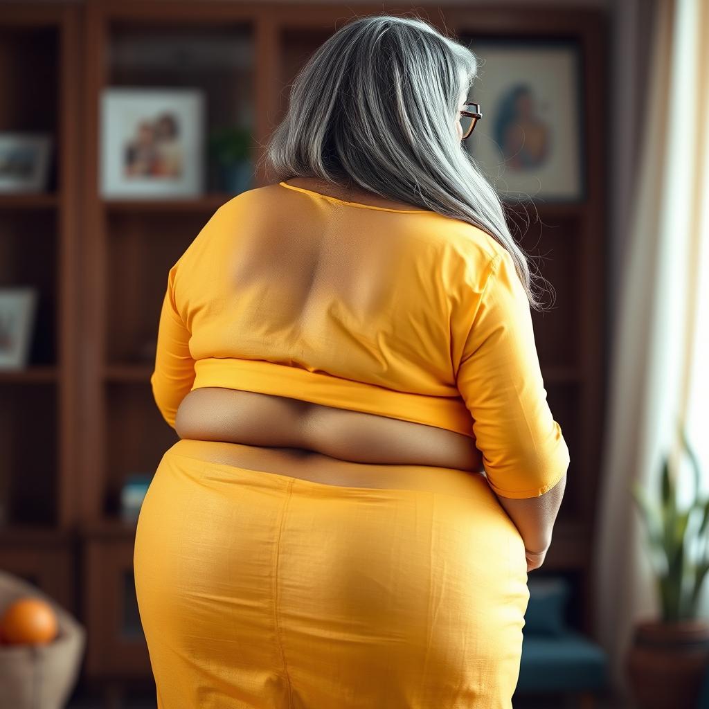 A voluptuous, dark-skinned Indian woman in her 60s, showcasing her full backside with confidence and sensuality