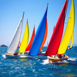 A vibrant scene depicting dinghy sailing during an ocean regatta, with multiple colorful dinghies racing across a bright blue ocean