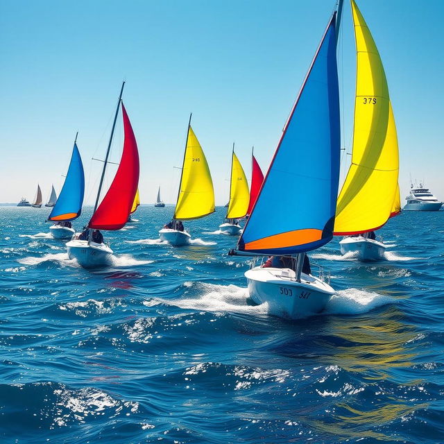 A vibrant scene depicting dinghy sailing during an ocean regatta, with multiple colorful dinghies racing across a bright blue ocean