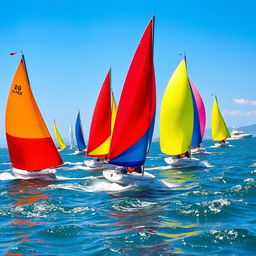 A vibrant scene depicting dinghy sailing during an ocean regatta, with multiple colorful dinghies racing across a bright blue ocean
