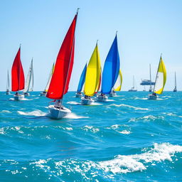 A vibrant scene depicting dinghy sailing during an ocean regatta, with multiple colorful dinghies racing across a bright blue ocean