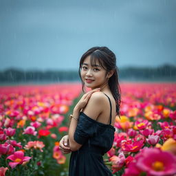 A beautiful young Korean woman gracefully poses in the middle of a vast and stunning flower field, with heavy rain soaking her body