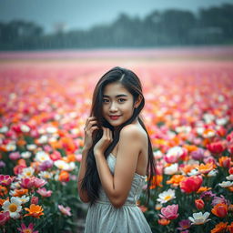A beautiful young Korean woman gracefully poses in the middle of a vast and stunning flower field, with heavy rain soaking her body