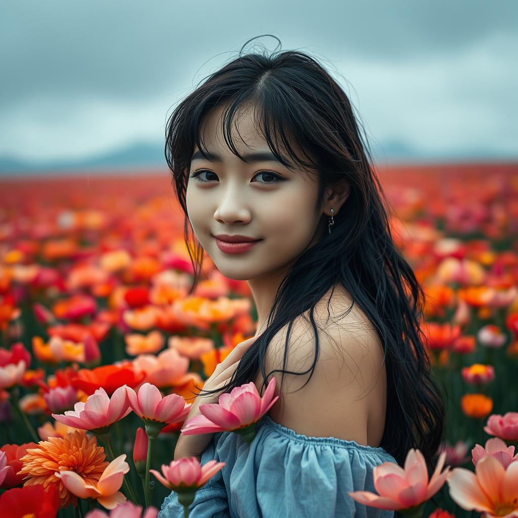 A beautiful young Korean woman gracefully poses in the middle of a vast and stunning flower field, with heavy rain soaking her body