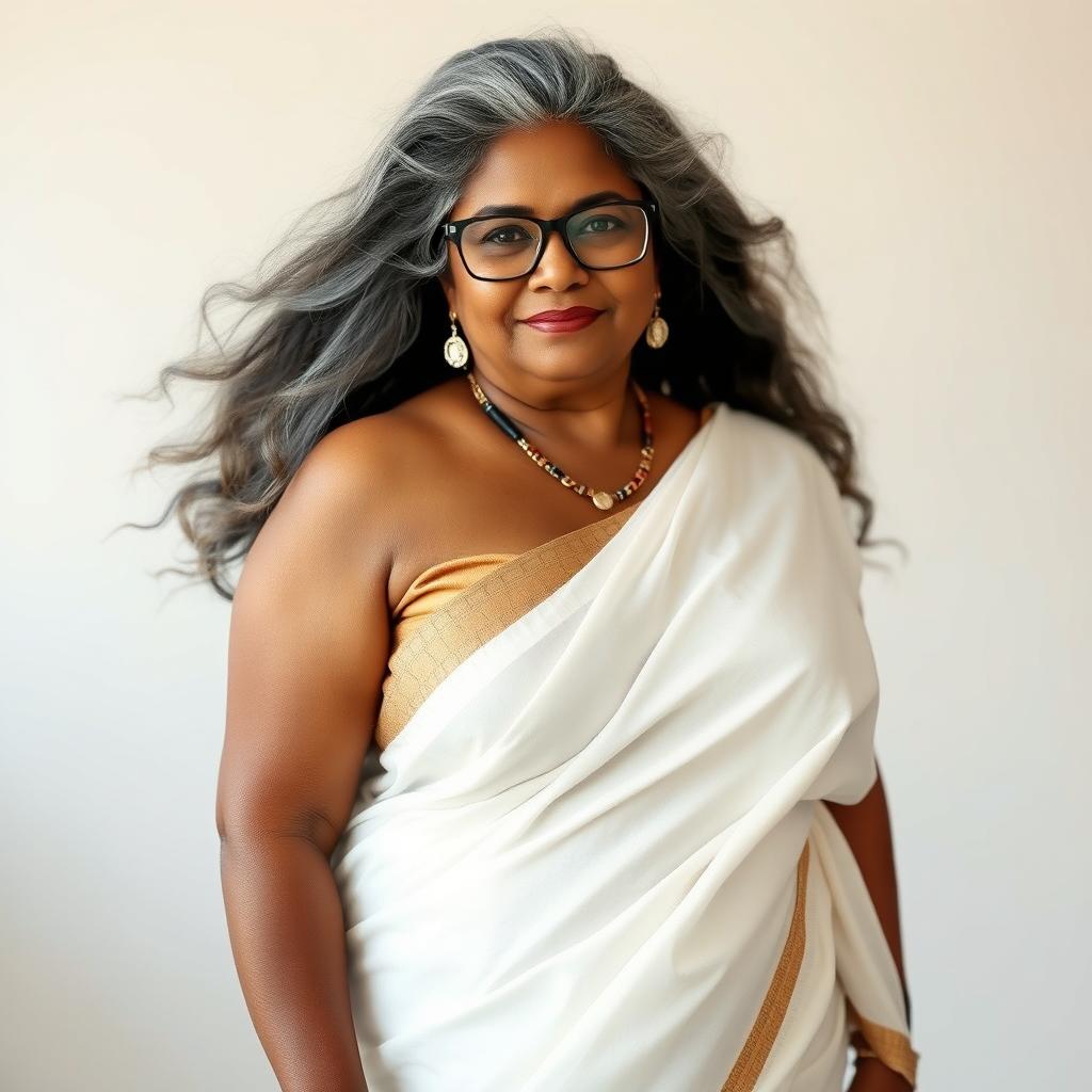 A voluptuous, dark-skinned Indian woman in her 60s, exuding confidence and sensuality