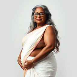 A voluptuous, dark-skinned Indian woman in her 60s, exuding confidence and sensuality
